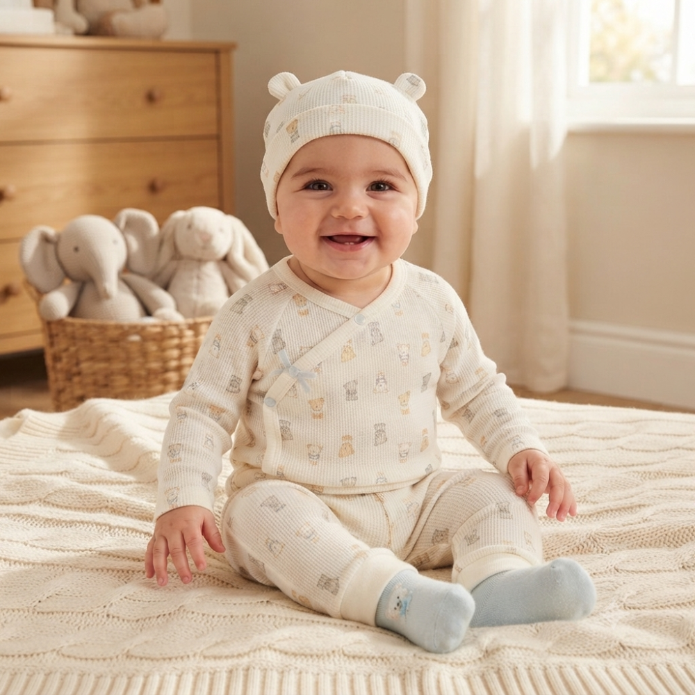 N14752: Baby Boys Waffle Fabric Top, Pant, Hat & Socks Outfit (0-9 Months) N14752: Baby Boys Waffle Fabric Top, Pant, Hat & Socks Outfit (0-9 Months)